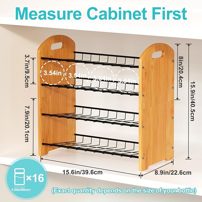 4 Tier Water Bottle Organizer, Stackable Bamboo Water Bottle Holder, Water Bottle Storage Rack Tumbler Travel Mug Cup Organizer for Kitchen Cabinet Countertop Pantry (Black)