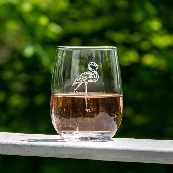 Rolf Glass Flamingo Stemless Wine Glass | 17oz Stemless Tumblers | Lead-Free and Etched Glass | Made in the USA | Coastal or Tropical Flamingo Design | Set of 4