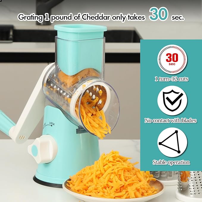 Ourokhome Rotary Cheese Grater Hand Crank, Kitchen Shredder Speed Mandolin Slicer Ice Shaver with Handle and Drum Blades for Cheese, Vegetable, Nuts, Chocolate, Potato, Carrot, 5 Blades, Blue