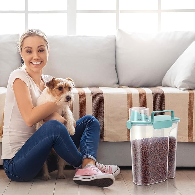 5-7Lbs Dog Cat Food Storage Container with Upgraded Large Nozzle BPA-free, 4 Snap Seals Plastic Pet Food Storage Containers with Handles (1, Elegant Blue, 5L)