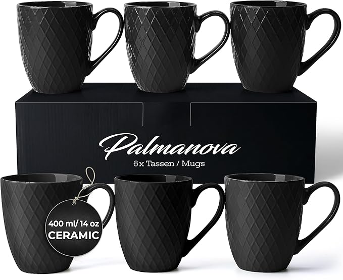 MIAMIO - Coffee Mugs set of 6 / Coffee Cups - 6 x 14 Oz Ceramic Mugs - Large Coffee Mugs - Microwave & Dishwasher safe - Palmanova Collection (Black)