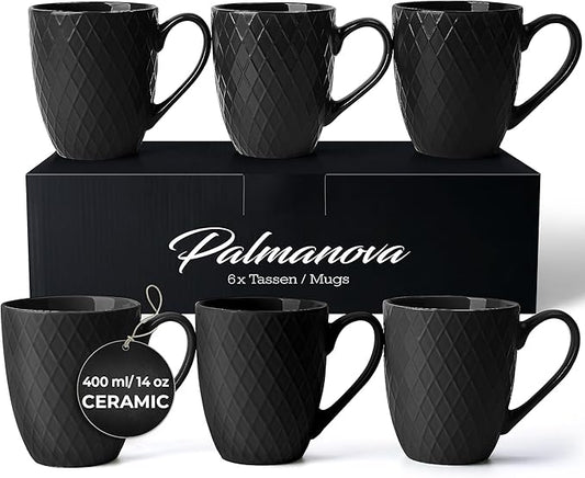 MIAMIO - Coffee Mugs set of 6 / Coffee Cups - 6 x 14 Oz Ceramic Mugs - Large Coffee Mugs - Microwave & Dishwasher safe - Palmanova Collection (Black)