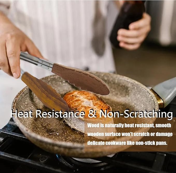 Wooden Tongs for Cooking Heat Resistant 2 Pcs 9 Inch 12 Inch Wooden Salad Tongs with Wood Tip for Serving Food Walnut Wood Kitchen Utensils for Toaster Home Chefs Gift Suitable for Non-stick Cookware