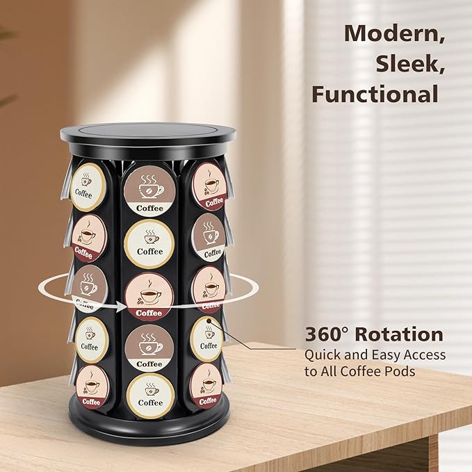 Coffee Pod Carousel Compatible with K-Cup Pods, K Cup Holder Holds 40 Coffee Capsule, New Modern Design for Kitchen Office Countertop or Coffees Station Organizer, Detachable (Black)