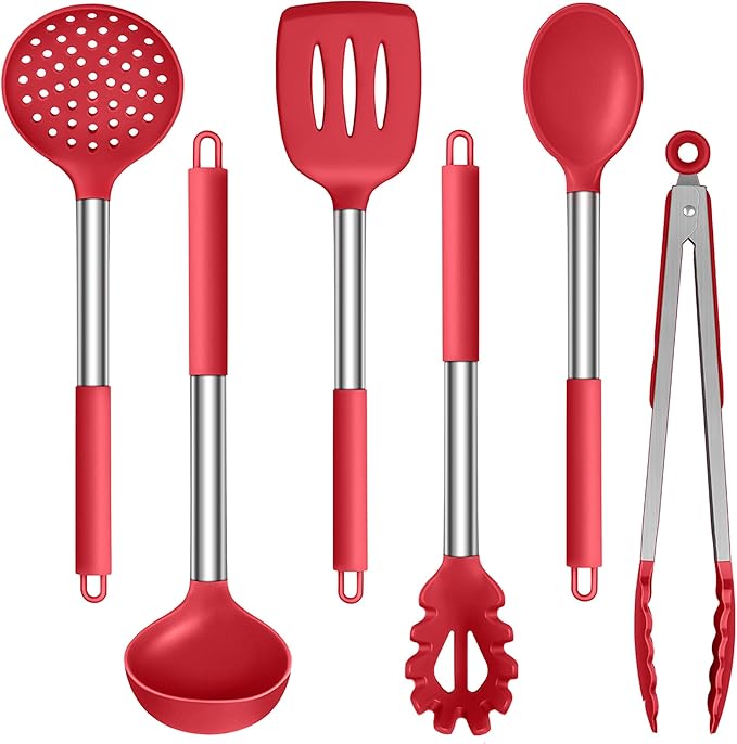 LIANYU Kitchen Cooking Utensils Set, Silicone Cooking Utensils Set of 6, Heat Resistant Kitchen Spatula Gadgets Tools for Nonstick Cookware, Stainless Steel Handle, Dishwasher Safe, Red