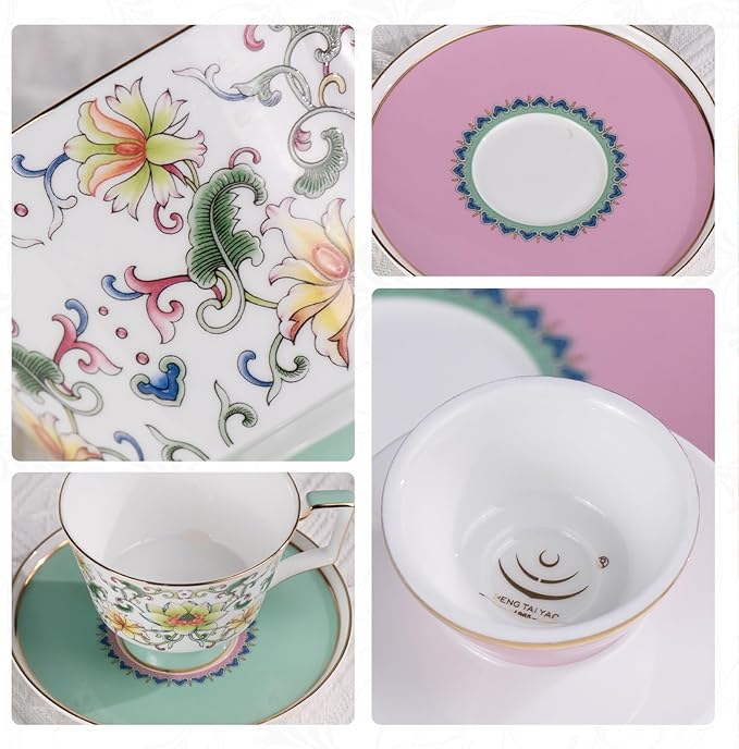 KAMMAK Ceramic Tea Cup and Saucer Set with Gold Trim, Floral Lotus & Scroll Pattern, 240ml Elegant Bone China Coffee Cup Set in Mint Green & Pink for Afternoon Tea, Gift for Women
