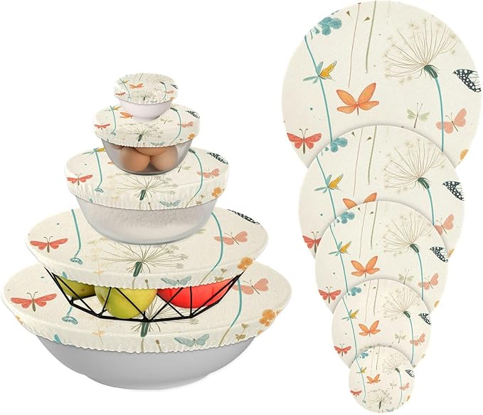 5 Pcs Bowl Covers Reusable in 5 Size Elastic Food Cover Cloth Lids Fresh Keeping Dish Cookware Bakeware Fabric Covers Lids for Food Leftovers Fruits Storage Dandelion Flowers and Dragonfly