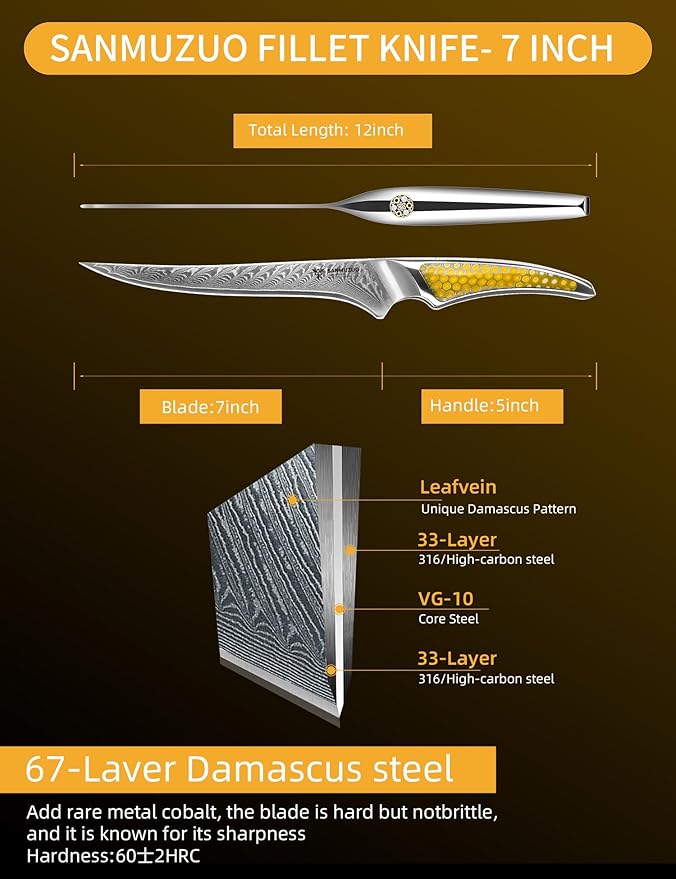 7 Inch Fillet Knife, Japanese VG-10 Damascus Steel Kitchen Fish Knife, Ultra Sharp Boning With Full-tang Handle in Yellow Resin, LA-S9 Series