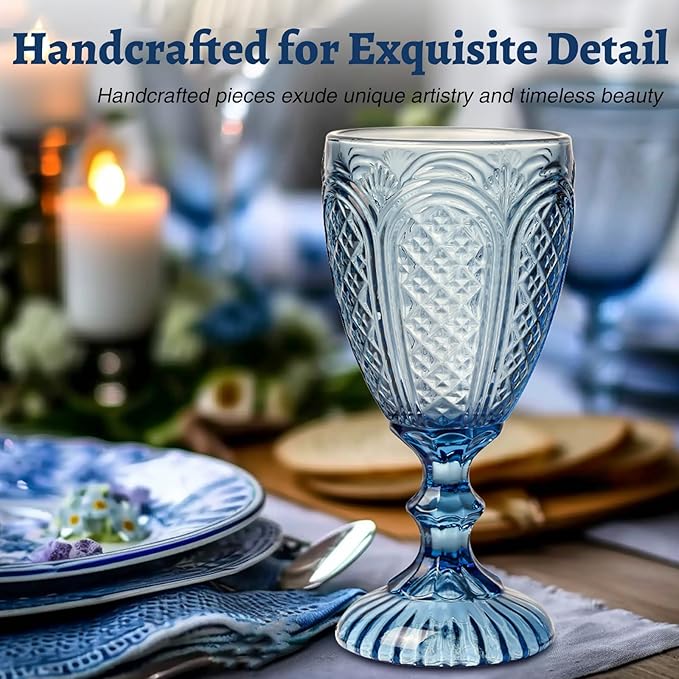 Blue Wine Glasses set of 6,Blue glass goblets made from Solid glass colors, vintage color glassware, drinking glasses for Engagement,Wedding, Birthday 10.5 OZ colored wine glasses