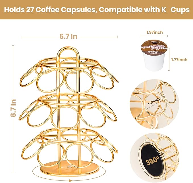 Coffee Pod Holder, K Cup Holders Carousel Organizer ,27 Coffee Pods Storage Compatible with K Cups, Spins 360-Degrees, Modern Gold Design ，Round,Shining Gold,3 Tier Home or Office Kitchen Counter Organizer