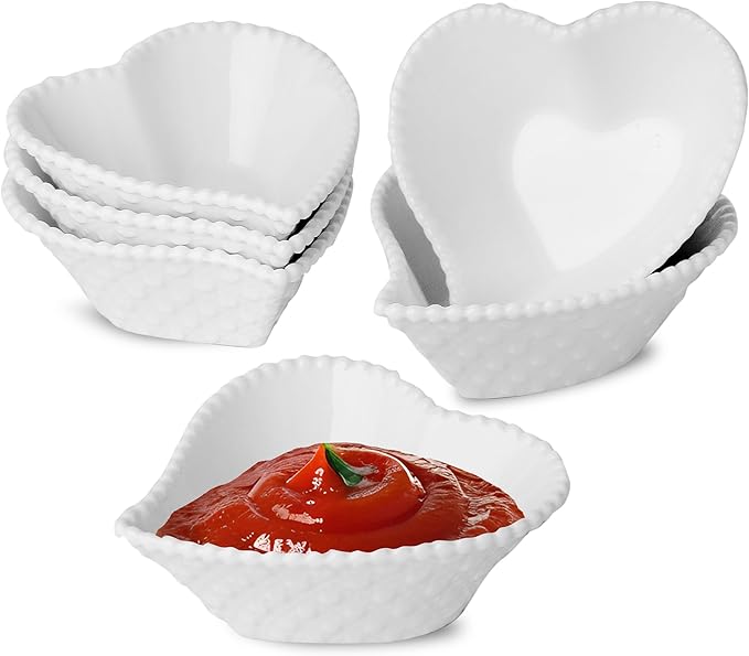 UIBFCWN 6 Pack 1.7 Oz Ceramic Soy Sauce Dish, White Dipping Sauce Bowls, Heart Shape Dipping Bowls for Ketchup, Vinegar, Sushi, BBQ and Party Dinner, Condiment Server