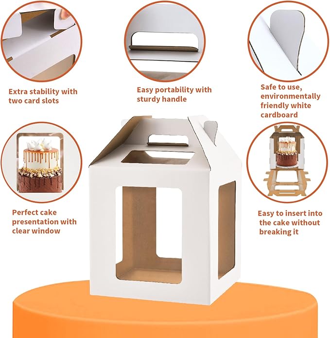 Tall Cake Boxes 6 Windows with handle, In 2 Size 12x12x12&14x14x14inch Cake Boxes for 12" & 14" Tiered Cakes,Square Cake Carrier,largeTake Out Transport Containers(2Pcs-White)