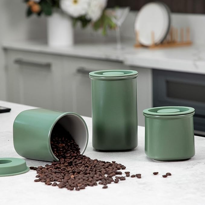 Nucookery Canisters Sets for the Kitchen Countertop, 3 Pcs Ceramic Jar with Silicone Lid, 40oz, 30oz, 20oz Food Storage Containers for Flour, Sugar, Coffee, Grains,Tea, Cookies, Dry Food Organization