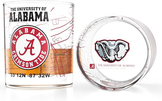Greenline Goods – University of Alabama Crimson Tide College Whiskey Glasses (Set of 2), 10 oz – Full-Color Logo + Campus Map
