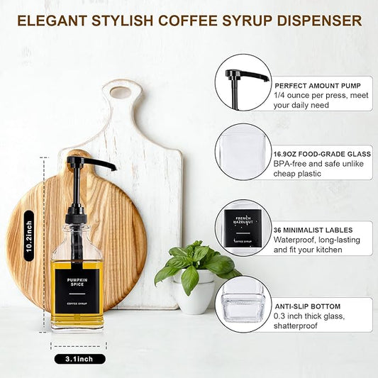 Coffee Syrup Dispenser for Coffee Bar, Glass Syrup Dispenser with Pump, Coffee Syrup Pump Dispenser Bottle with Tray, Spoon for Coffee Station, Coffee Bar Organizer, Black,16.9 oz, 500 ml