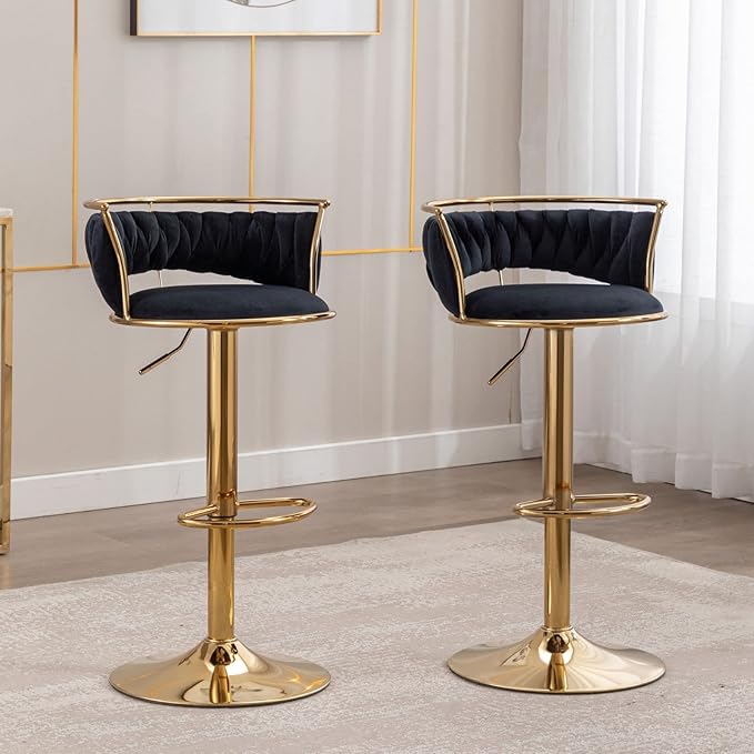 LukeAlon Velvet Adjustable Barstools Set of 2, Modern 360° Swivel Counter Stools with Golden Base Upholstered Open Back Tall Bar Chairs with Footrest for Home Kitchen, Black