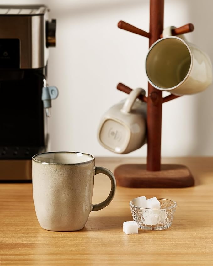 famiware Coffee Mugs Set of 4, Ocean Square 13oz Coffee Cup Set with Handle for Cocoa, Milk, Hot Chocolate, Tea, Water, Stoneware Cups for Kitchen, Microwave and Dishwasher Safe, Light khaki