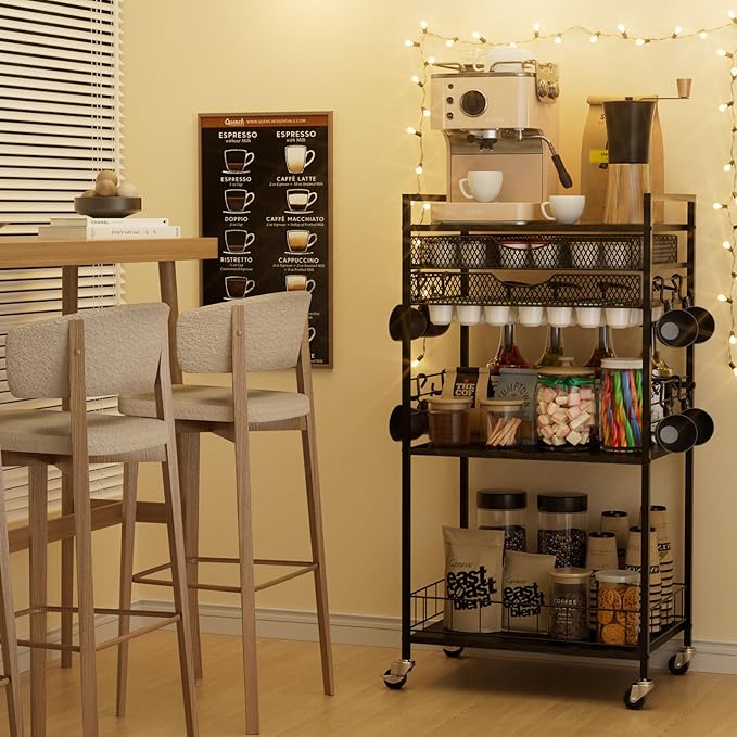 Coffee Bar Station with Storage Drawer - 5 Tier Coffee Table Countertop Organizer for K Cups, Tea Bags, Sugar Storage and Kitchen Cabinets (Black)