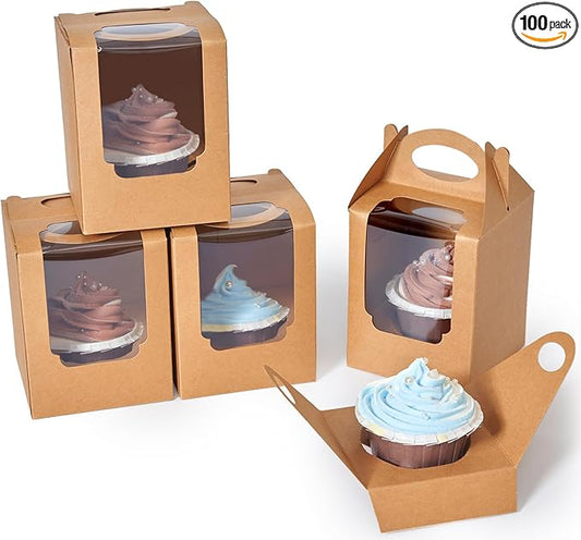 Cupcake Boxes 100 pcs, Individual Cupcake Carrier Brown with Window Insert and Handle Pastry Containers Single Muffins Container for Bakery Wrapping Party Favor Packing