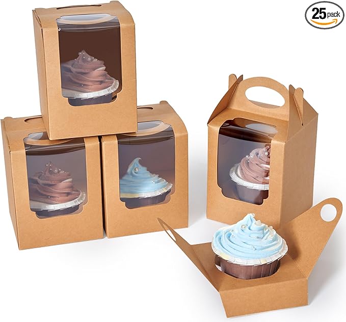 Cupcake Boxes 25 pcs, Individual Cupcake Carrier Brown with Window Insert and Handle Pastry Containers Single Muffins Container for Bakery Wrapping Party Favor Packing