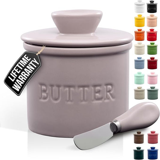 Zulay Kitchen Porcelain Butter Crock With Lid & Knife - Authentic French Butter Dish For Fresh & Spreadable Butter - Violet Dusk