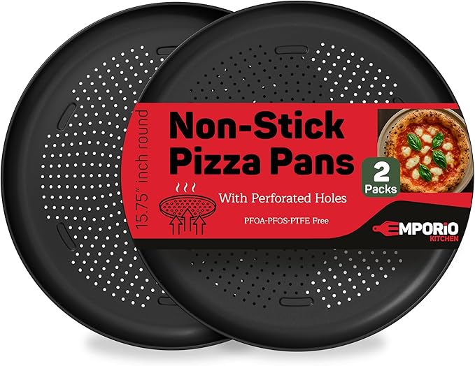 Non-Stick Pizza Pan 2 Pack – 16 Inch Round Carbon Steel Pizza Tray with Perforated Holes, PFOAPFOSPTFE-Free, Dishwasher & Oven Safe Up To 450°F, Durable Nonstick Gray Coating
