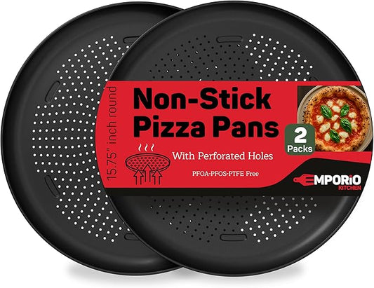 Non-Stick Pizza Pan 2 Pack – 16 Inch Round Carbon Steel Pizza Tray with Perforated Holes, PFOAPFOSPTFE-Free, Dishwasher & Oven Safe Up To 450°F, Durable Nonstick Gray Coating