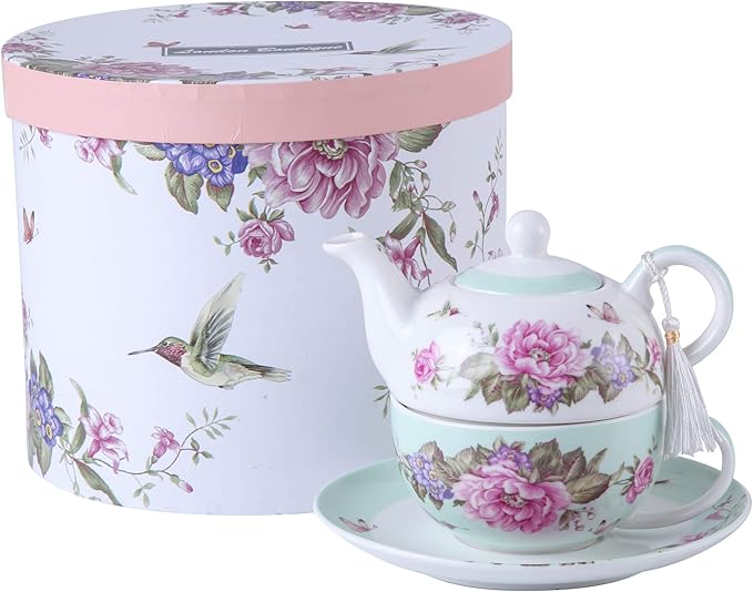 London Boutique Tea for One Teapot Cup Saucer Set Vintage Bird Rose Butterfly Flora New Bone China Gift Box (Teal)