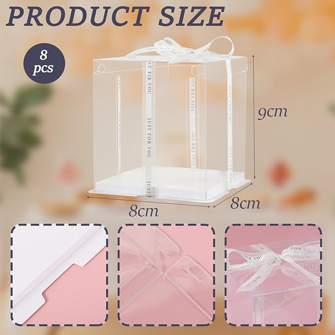 cake box-8 * 8 * 9inch/8pcs, Clear Display Gift Boxes with RibbonStackable Food Storage Containers for Pastry (Clear, 8 * 8 * 9 inch/8pcs)