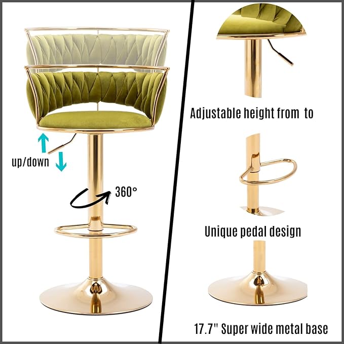 LukeAlon Velvet Adjustable Barstools, Modern 360° Swivel Counter Stools with Golden Base Upholstered Open Back Tall Bar Chair with Footrest for Home Kitchen, Green