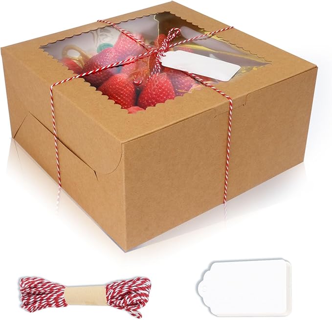 20Pcs 10 Inch Cake Boxes with Window, 10x10x5 Inches Brown Bakery Boxes, Cake Carrier Container for Pastries, Pie, Cookies, Chocolates, Cupcakes, Birthday Party, Wedding