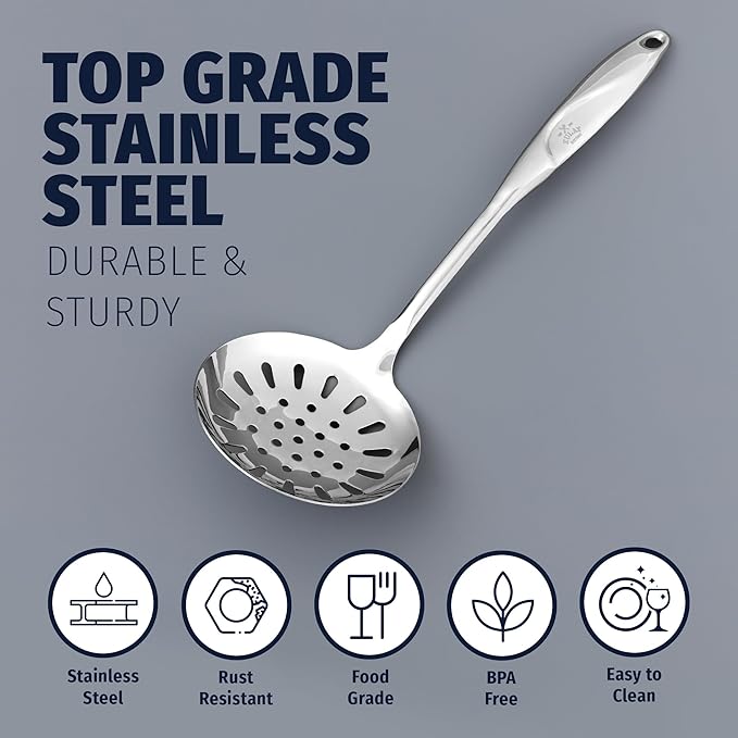 Zulay Kitchen Stainless Steel Slotted Serving Spoon - Large Frying Spoon Skimmer - Durable Utensil with Ergonomic, Easy to Use Handle - Easy to Clean, Perfect for at Home Cooks & Chefs - 14.5”