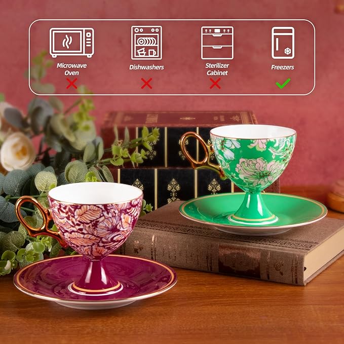 KAMMAK Ceramic Coffee Cups and Saucers Set of 2, Porcelain Espresso Cups with Saucers, 7.7oz Handcrafted Floral Vintage Petite Stem Tea Cups Drinkware Set for Party, Holiday Gifting, Home Decor, Gift