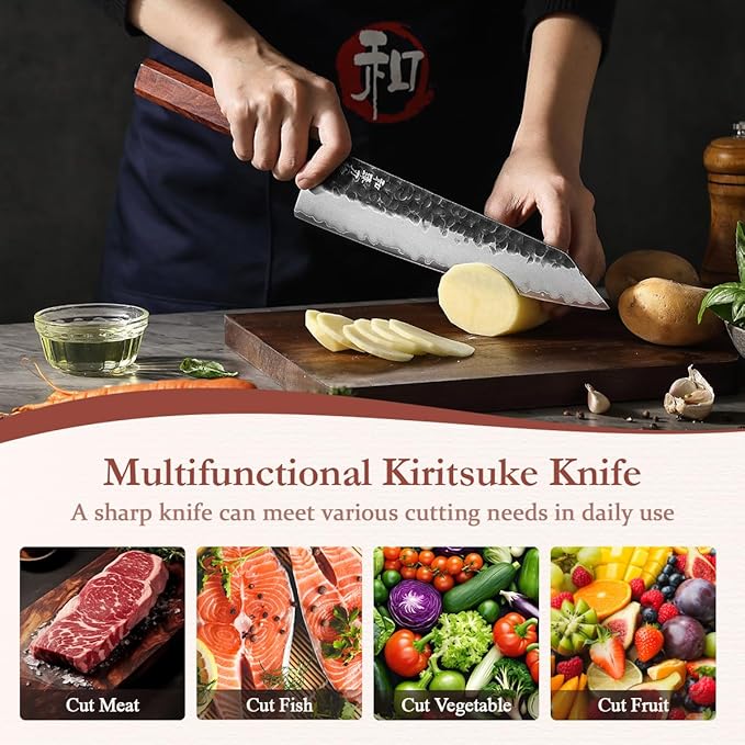 HEZHEN Kiritsuke Knife,9.5 Inches,3 Layers High Carbon Clad Steel Japanese Knife, Composite Forging Steel, Professionl Professional Japanese Kitchen Knife, Redwood Octagonal Handle