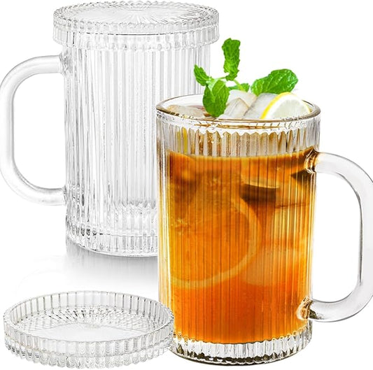 13 oz Clear Ribbed Coffee Mug with Lid, Set of 2 - Classic Glassware for Hot and Cold Beverages (Set of 2)