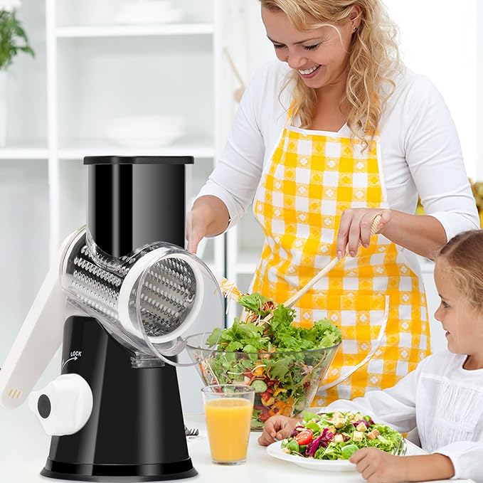 Ourokhome Rotary Cheese Grater Hand Crank, Kitchen Shredder Speed Mandolin Slicer Nuts Grinder with Handle and Drum Blades for Cheese, Vegetable, Walnut, Chocolate, Potato, Carrot, 3 Blades, Black