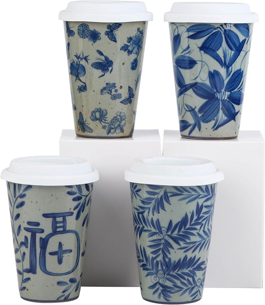 14 oz ceramics Handmade blue and white Retro Coke cups coffee tea set of 4 china Coffee Mugs for Tea, Milk,Dishwasher and Microwave Safe，Free gift soft silicone cover and gift box