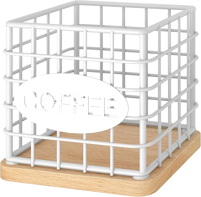 Coffee Pod Holder Organizer, Large Capacity Coffee Pod Basket for K Cup, Coffee Capsule Storage Basket with Wooden Base, Space Saving, for Kitchen Countertop, White and Natural KH10WN