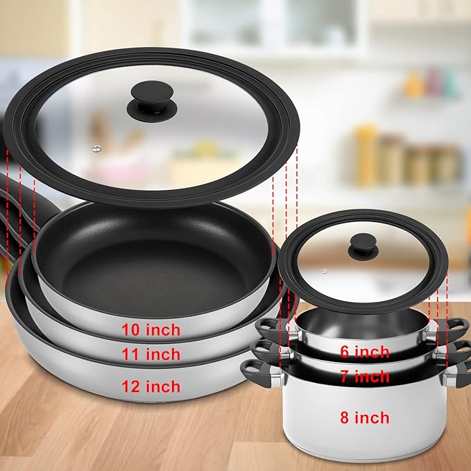 Universal Tempered Glass Lid - 2 Pcs, Heat Resistant Silicone Rim, Fits 6" - 12" Diameter Cookware, Replacement Lid for Frying Pan and Cast Iron Skillet