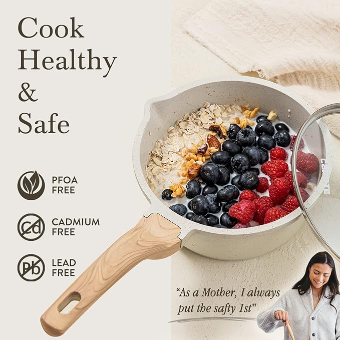 CAROTE 2Qt Sauce Pan Sets with Lid Cooking Pots Nonstick Saucepans Cookware Set with Pour Spout Small Kitchen Pot, Induction Comptable, Easy to Clean, PFOA FREE (White Granite)