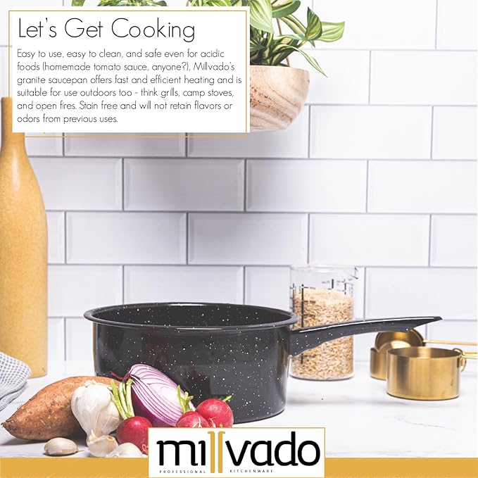 3 Quart Granite Saucepan, Naturally Nonstick Sauce Pots, Speckled Enamel Ware Cookware, Small Sauce Pan for Cooking and Boiling - Granite Cooking Pot for Stovetop, Campfire, Outdoor Stove