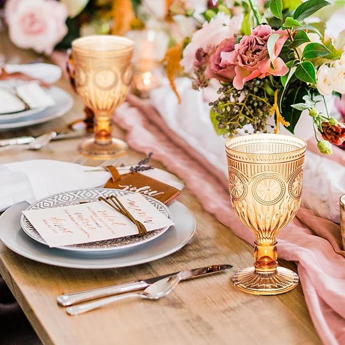 48 Pack Vintage Wine Glasses, Plastic Reusable 12 Ounce Colored Water Goblets, Unique Flower Embossed Pattern Unbreakable Stemmed Wine Glasses High Clear Wedding Party Bar Drinking Cups Amber