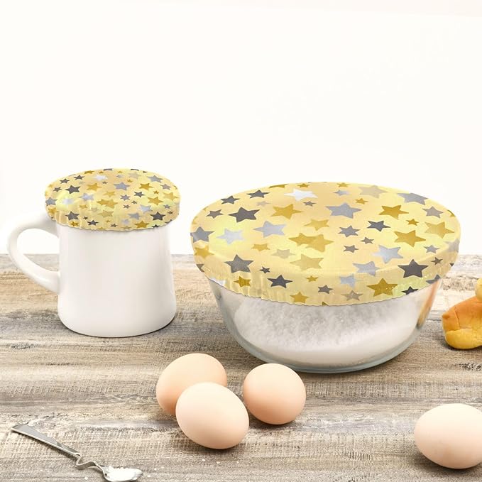 5 Pcs Bowl Covers Reusable in 5 Size Elastic Food Cover Cloth Lids Fresh Keeping Dish Cookware Bakeware Fabric Covers Lids for Food Leftovers Fruits Storage Cute Silver and Golden Stars