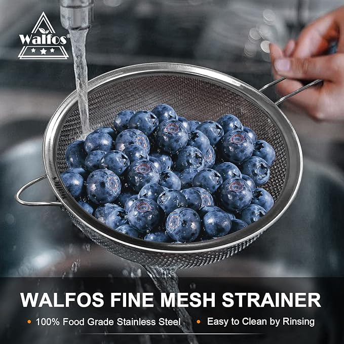 Walfos Large Fine Mesh Strainer 9.35" & 7.8", Stainless Steel Mesh Sieve with Sturdy Handle, Kitchen Metal Food Strainers for Quinoa, Rice, Pasta, Fruits, Vegetables, etc., Set of 2