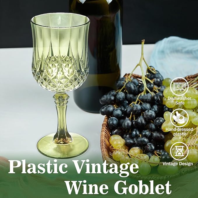 24 Pcs 7oz Plastic Wine Glasses Cup, Crystal Unbreakable Water Goblet, Plastic Vintage Green Goblets Glassware Drinking Glasses for parties Baby Shower Wedding Reception Grand Event Party (Dark Green)