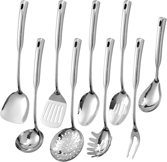 304 Stainless Steel Kitchen Cooking Utensils Set - 9 PCS Serving Utensils, Include Skimmer, Soup Ladle, Spaghetti Server, Wok Spatula, Slotted & Solid Spoon, Slotted Spatula Turner, Meat Fork (Silver）