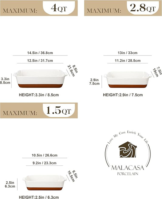 MALACASA Casserole Dishes for Oven, Ceramic Baking Dishes Set of 3, Baking Pan Casserole Dish Set, Rectangular Lasagna Pan Deep with Handles for Baking, Khaki White (14.5''/13''/10.5''), Series TARA