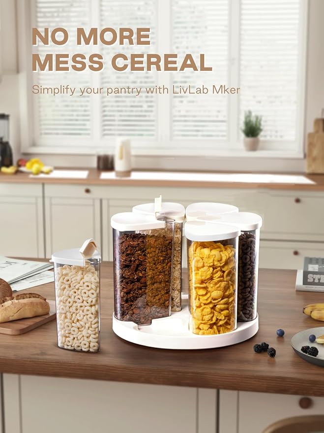 LivLab Mker 5-10 lbs Rice Dispenser - Rotating Cereal dispenser countertop for Pantry - Small Food Storage Containers with Lids, BPA-Free PET Grain Canister Sets 6 Grids, for Oats, Corn Flakes, flour