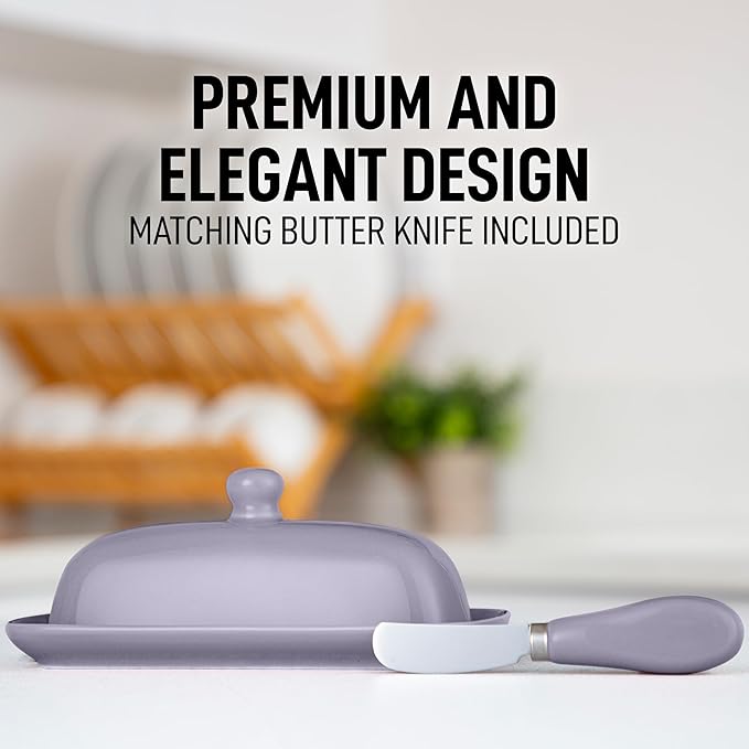Zulay Butter Dish With Lid For Countertop - Porcelain White, Ceramic Butter Dish with Knob Handle Great for Cooking - Elegant Design Butter Holder - Durable & Sturdy Butter Keeper - Periwinkle