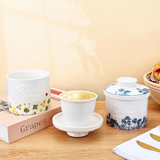 Butter Crock with Water Line, Ceramic Butter French Keeper Dish with Lid for Fresh Spreadable Butter (Forest Blue)